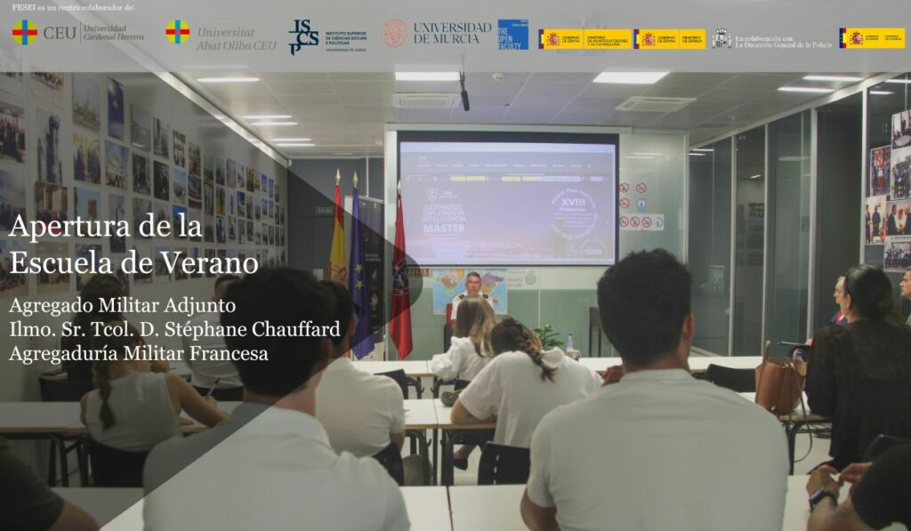 El pasado lunes día 22 de junio, se inicio la Escuela de Verano 2026 de FESEI, con la intervención del Agregado Adjunto T.Col. Sr. D.  S. C. que en su intervención analizó la autonomía estratégica de la UE desde la prospectiva francesa.
